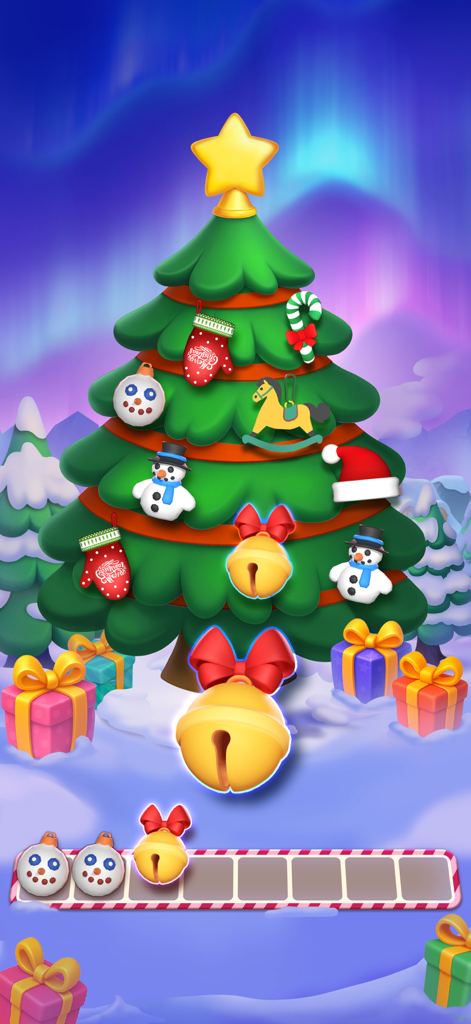 Un nivel temático de Navidad festivo en Match Triple 3D que muestra un árbol decorado y adornos festivos a juego.