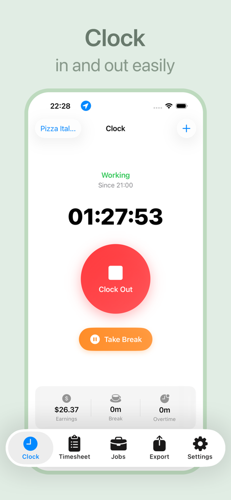 A screenshot of the Hours Tracker app showing a running work timer and estimated earnings