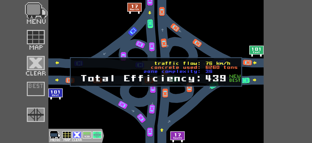 A top down view of a minimalist freeway interchange with an efficiency score overlay