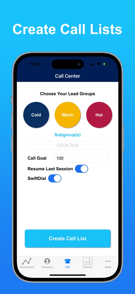 Interface móvel do SwiftCall para criar listas de chamadas segmentadas e definir metas diárias de chamadas