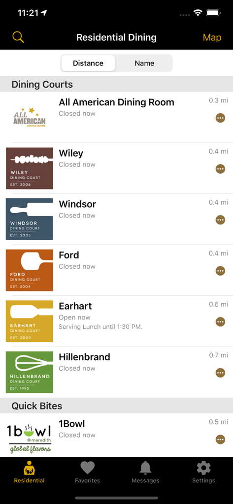 Purdue Mobile Menus - Purdue Mobile Menus app showing a list of campus dining courts with their current status and distance