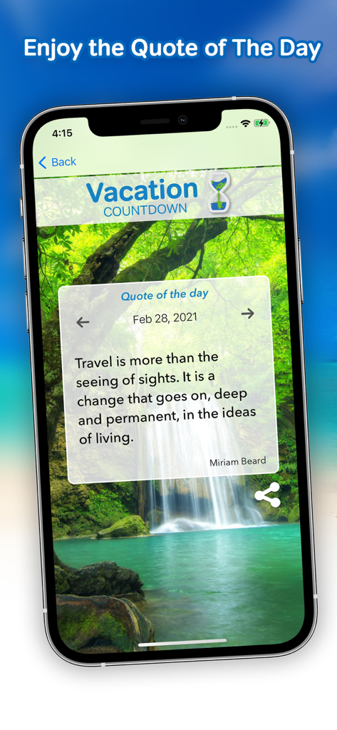 Citação inspiradora de viagem do dia exibida sobre um fundo de cachoeira tropical exuberante