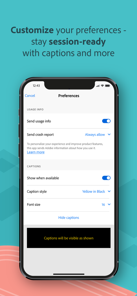 使用状況情報とキャプションカスタマイズ設定が表示されたAdobe Connectアプリの設定画面
