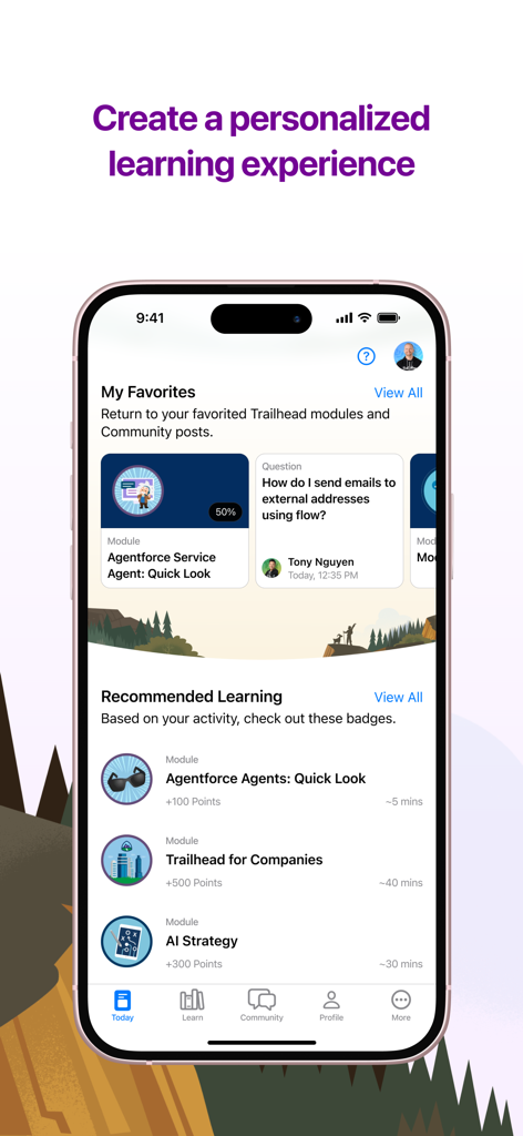 Trailhead GO - Trailhead GO app screen showing a personalized learning dashboard with recommended Salesforce modules and favorite courses.