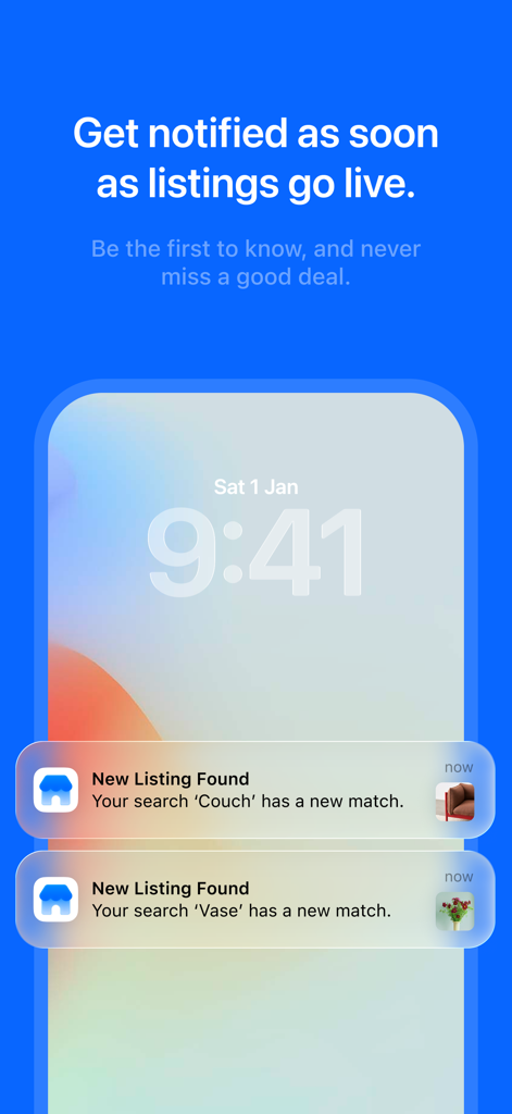Pantalla de bloqueo del iPhone mostrando notificaciones instantáneas de nuevas listas de sofás y jarrones de la aplicación Scout