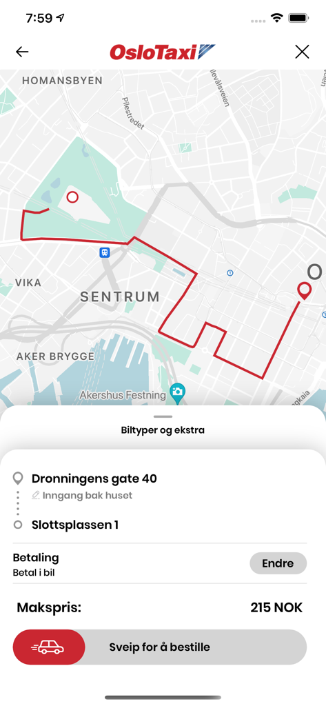 Taxifix - Taxifix app interface showing a taxi route in Oslo with a maximum price calculation in NOK