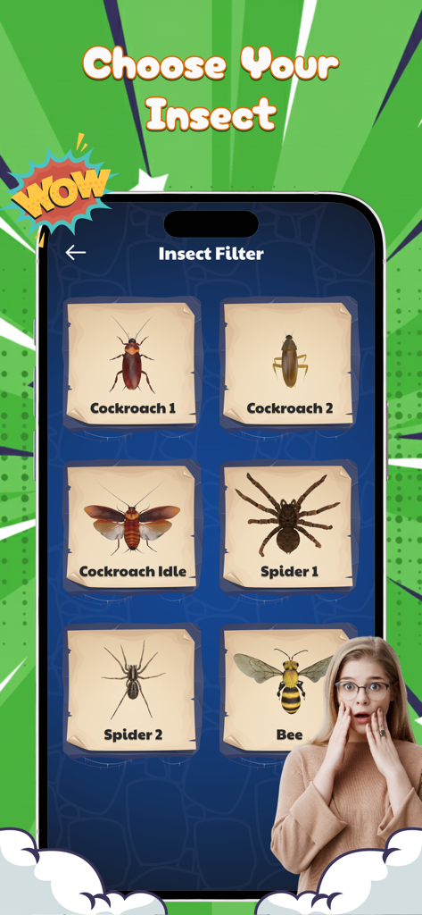 A mobile app interface displaying a selection of realistic insect filters including cockroaches spiders and bees for prank videos