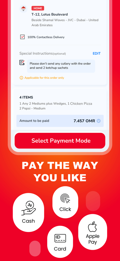 Tela de checkout do aplicativo Pizza Hut Omã mostrando o resumo do pedido e as opções de pagamento, incluindo dinheiro e Apple Pay