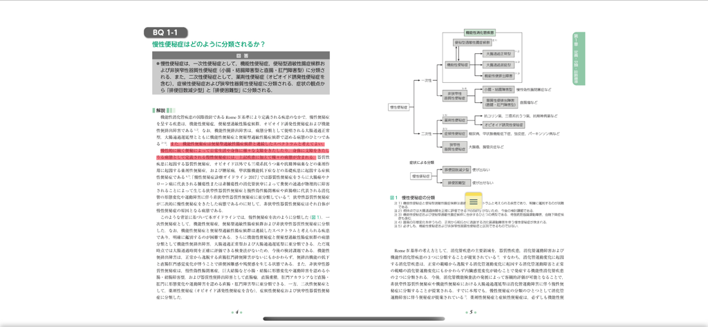 isho.jp - Landscape spread of a Japanese medical textbook with a flowchart and highlighted text in the isho.jp app.