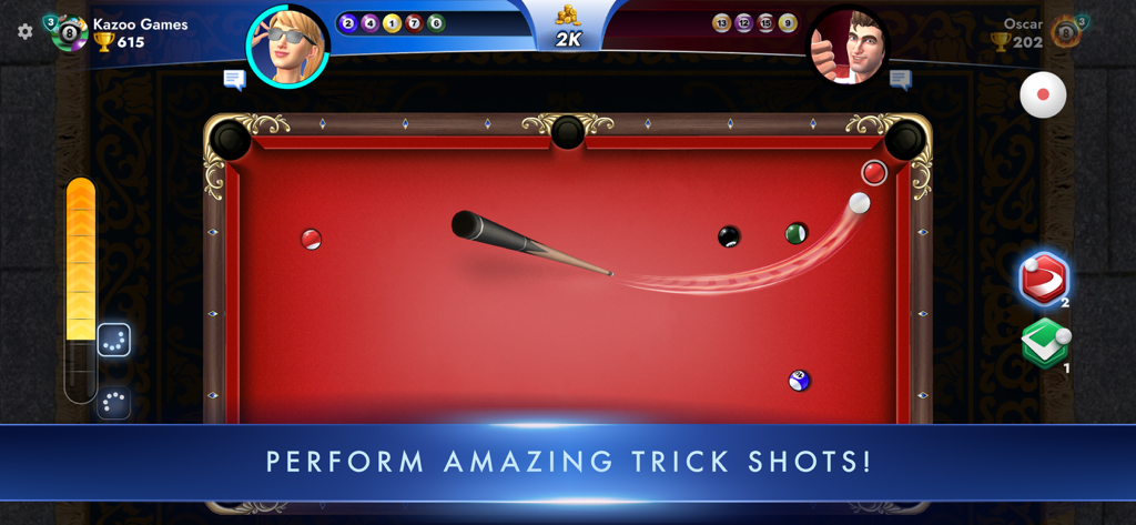 8 Ball Champions - Gameplay of 8 Ball Champions showing a curved trick shot on a red pool table during a PvP match.