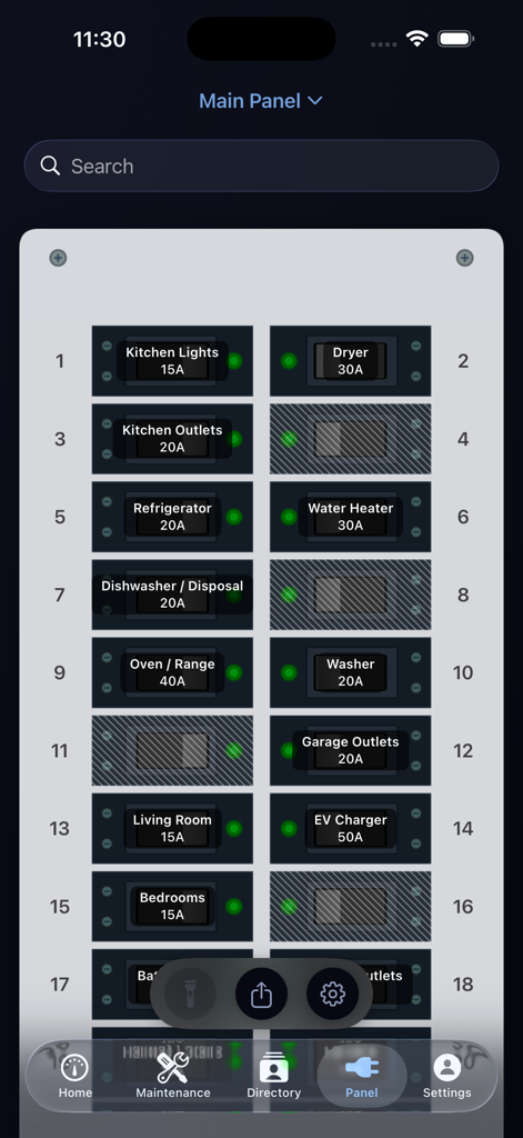 A digital map of a home electrical breaker panel with labeled circuits and amperage