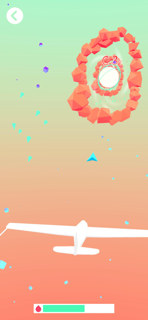 Voice Through - A white aircraft navigating through orange polygon rings labeled with a musical note in a voice controlled mobile game