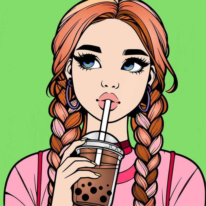 realistic girl with braided hair drinking boba