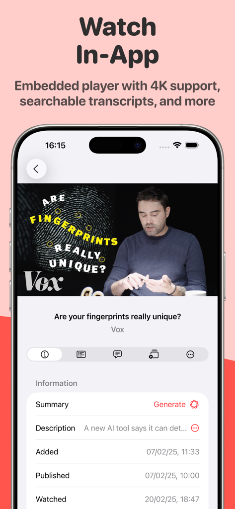 Play: Save Videos Watch Later - Eingebetteter Videoplayer in der Play App, der Transkript- und KI-Zusammenfassungsfunktionen anzeigt