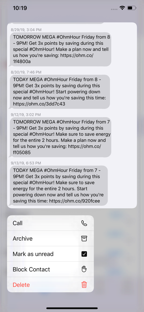 GV Connect mobile app displaying text message history with a context menu for call and archive actions