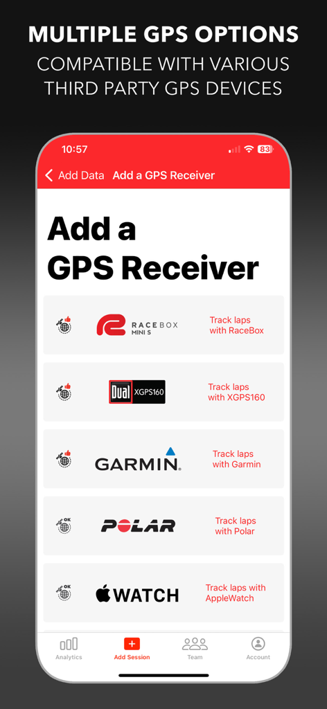 LITPro - GPS Lap Timer - LITPro app screen showing compatible third party GPS devices like RaceBox Garmin and Apple Watch