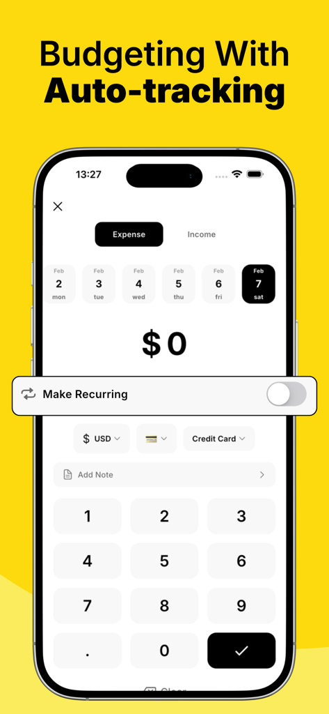 Money Manager: Moneyflo - Moneyflo App-Oberfläche zur manuellen Eingabe einer Ausgabe mit numerischer Tastatur und Umschalter für wiederkehrende Zahlungen