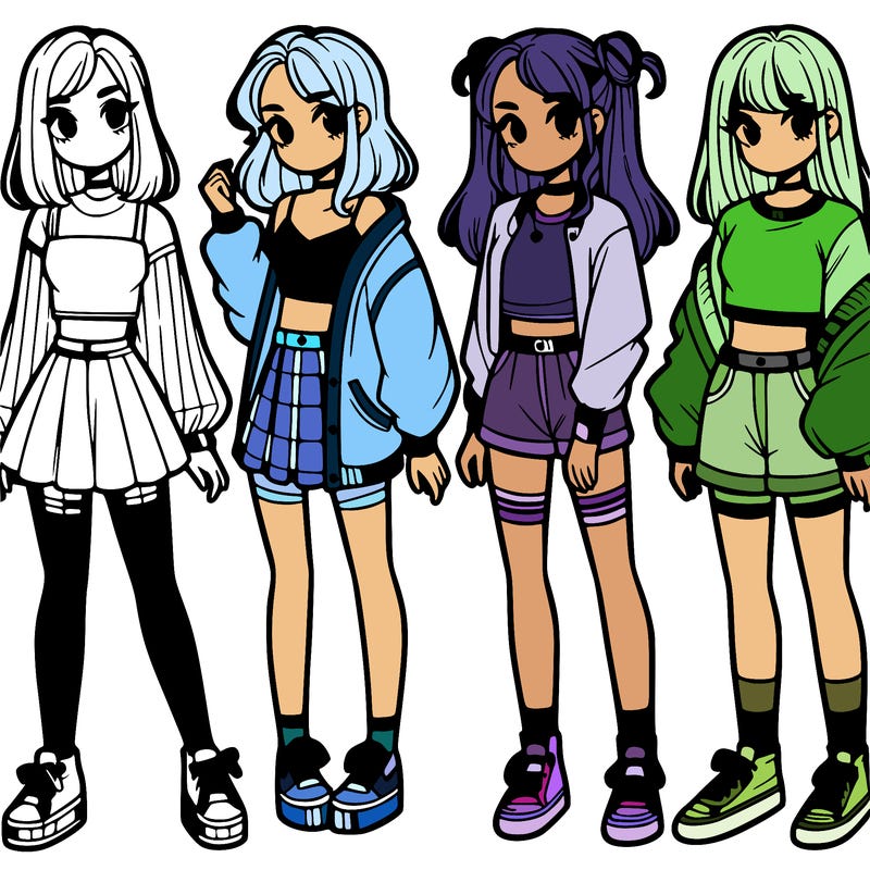 one girl with crop-top shirt and a jacket with a skirt, long socks and another girl with a shirt and pants with a jacket