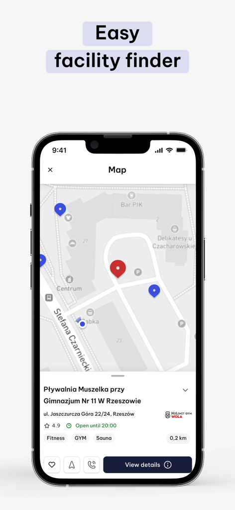 VanityStyle Next - VanityStyle Next app facility search engine map view showing nearby sports centers