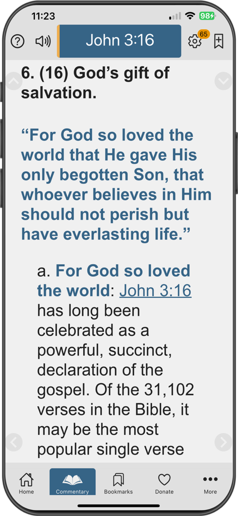 Enduring Word Commentary - Enduring Word Bible commentary app interface showing John 3:16 with study notes on salvation.