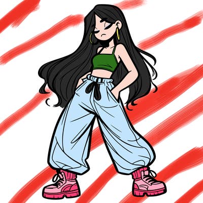 girl in baggy pants crop top and long hair