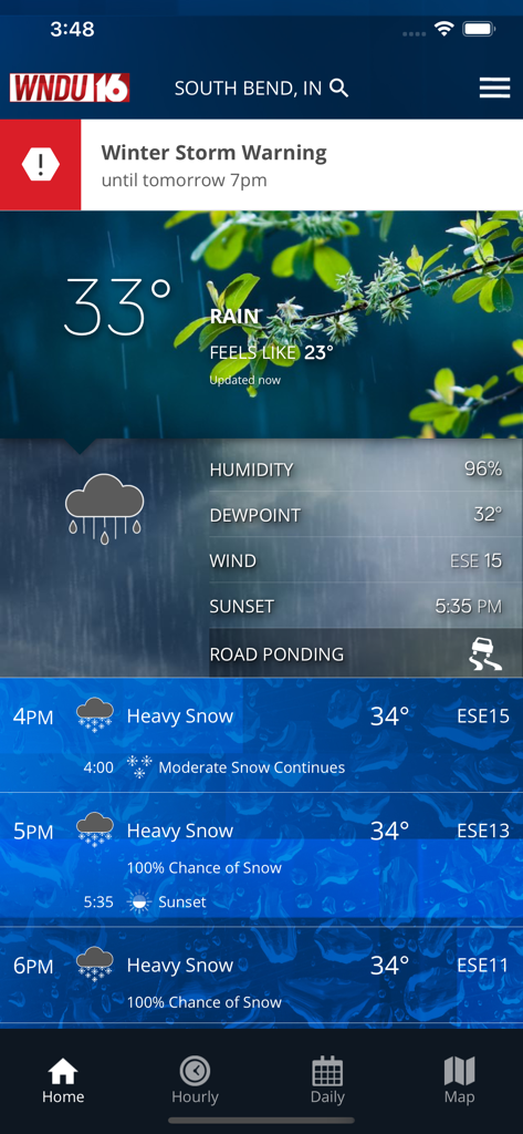 WNDU First Alert Weather - WNDU First Alert Weather app interface for South Bend showing winter storm warning and hourly snow forecast