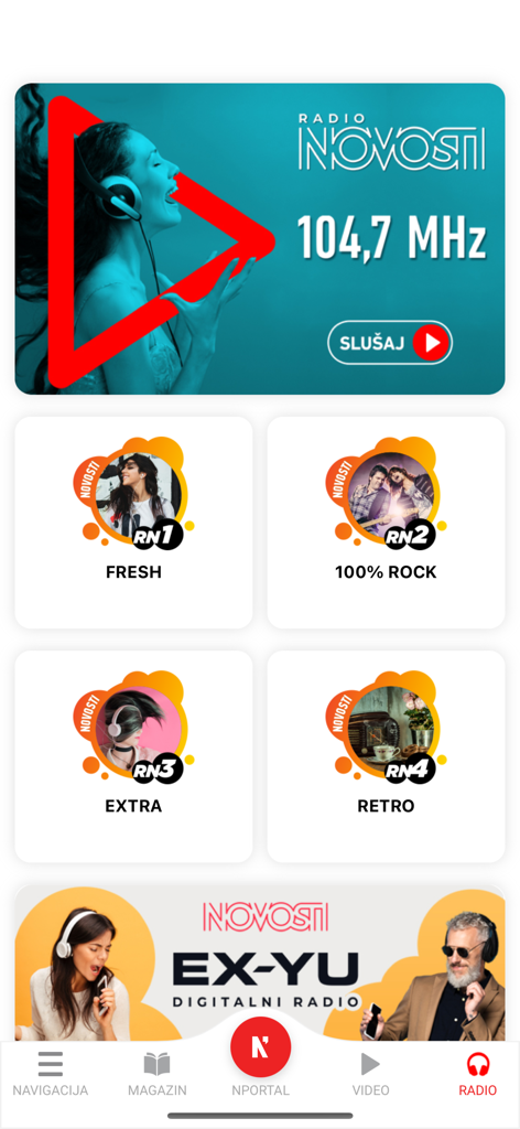 Večernje Novosti - Capture d'écran affichant les stations de radio numériques dans l'application Vecernje Novosti
