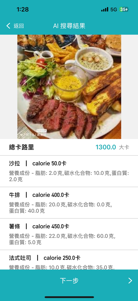 是方i健康 - Chief iHealth app AI nutrition analysis of a photographed meal with calorie and macronutrient breakdown