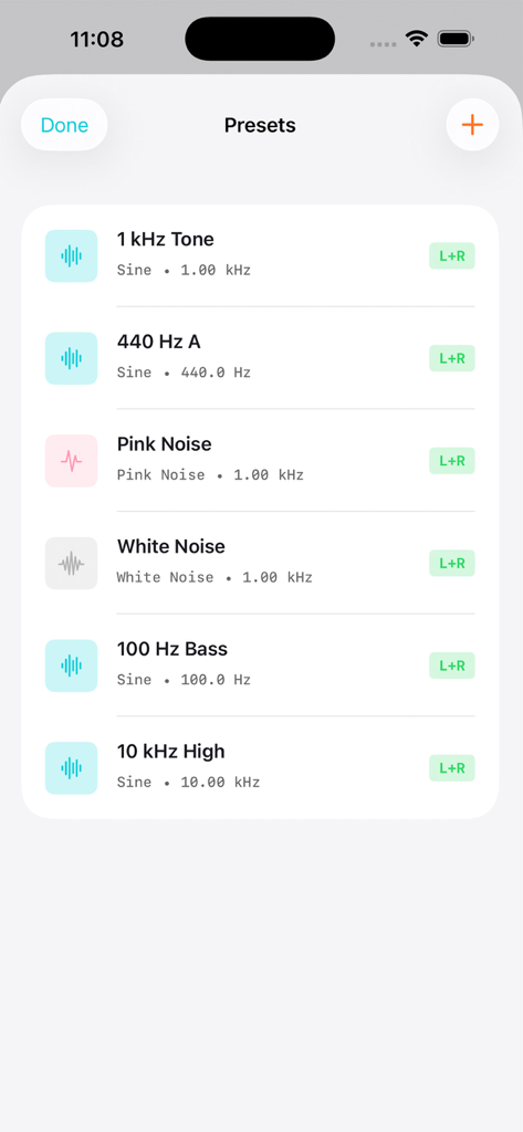 Schermata dei preset dell'app Signal Generator che mostra toni audio salvati come onde sinusoidali e rumore rosa