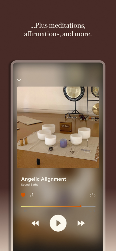 Loftie - Loftie app interface displaying the Angelic Alignment sound bath session with a picture of singing bowls.