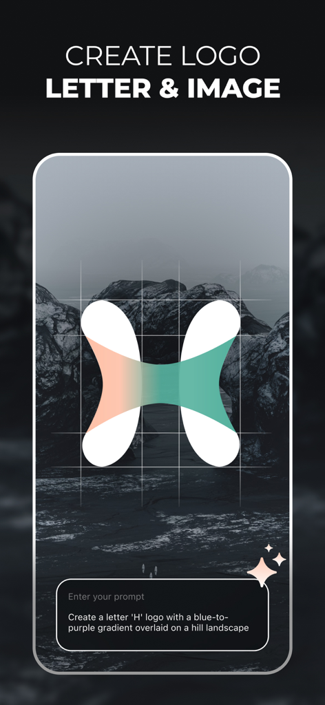 Interface of the LookA AI app showing a custom logo design for the letter H created with a text prompt over a mountain landscape.