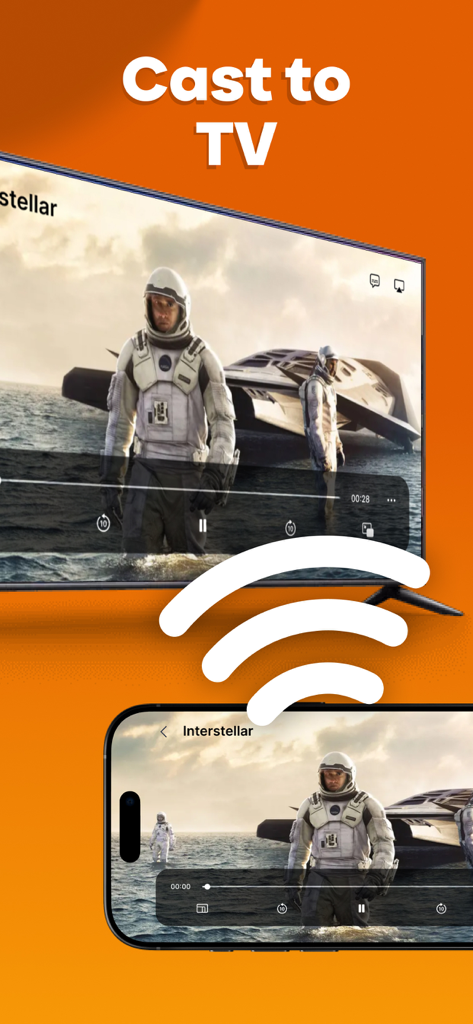 Un iPhone diffusant sans fil un film haute définition vers un écran de télévision à l'aide de l'application Lecteur Vidéo.