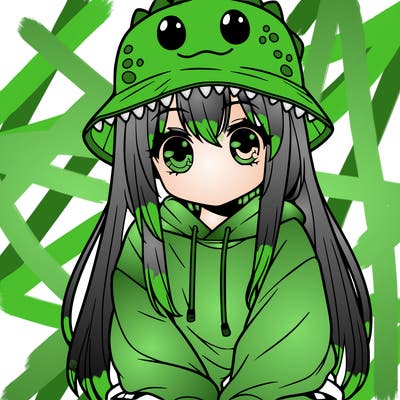 girl with anime shaped eyes with a dinosaur bucket hat oversized sweatshirt long straight hair