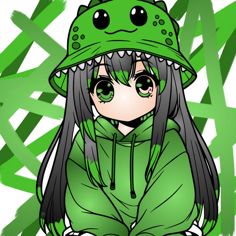 girl with anime shaped eyes with a dinosaur bucket hat oversized sweatshirt long straight hair