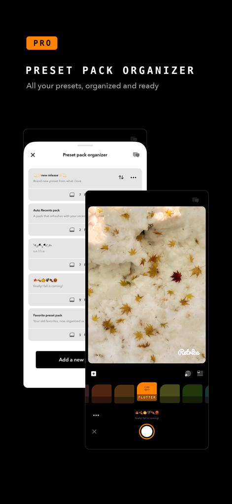 Retrica: Vintage Camera Studio - Retrica Pro preset pack organizer interface showing various filter collections and a camera preview with a vintage filter applied