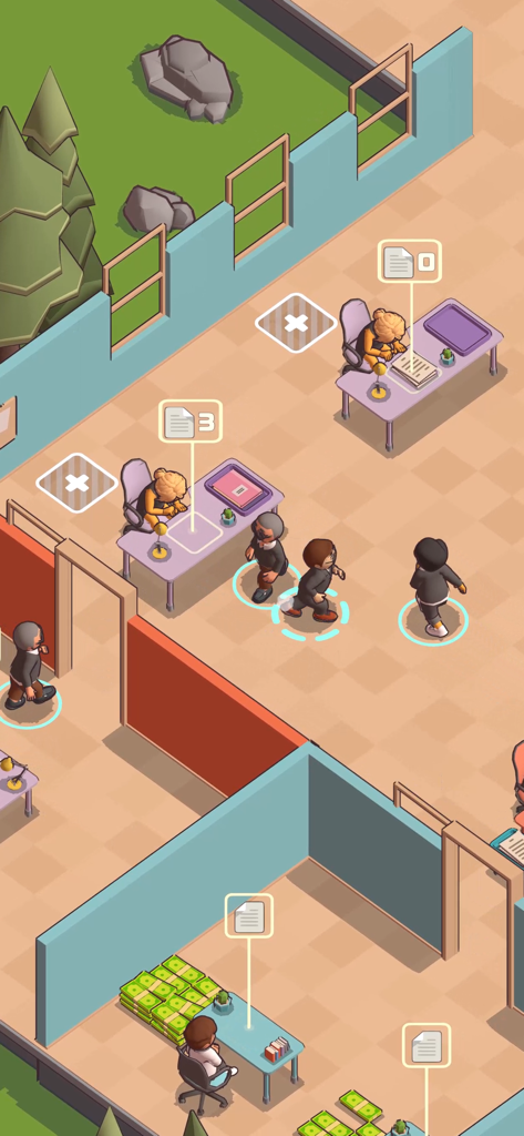 Office Tycoon: Expand & Manage - Isometric office management gameplay with employees at desks and stacks of money