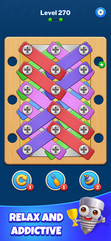 Logic puzzle game interface with colorful plates secured by screws on a wooden board