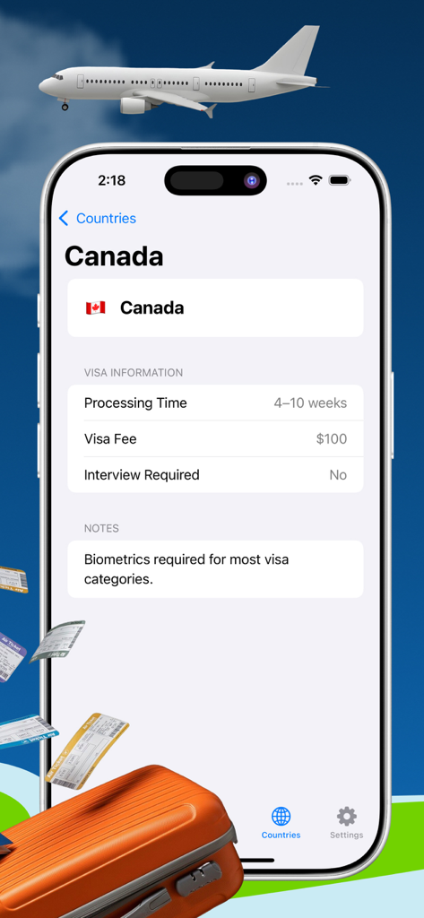 Visa Department App Tracker - Visa application details for Canada including processing time and fees on the Visa Department App