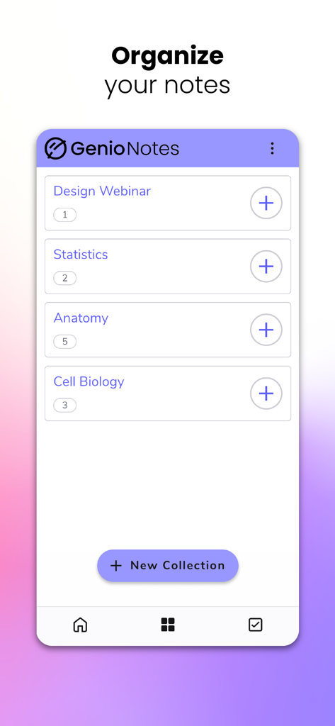 Genio Notes - Interfaz de la aplicación Genio Notes que muestra carpetas de estudio para materias como Estadística y Anatomía