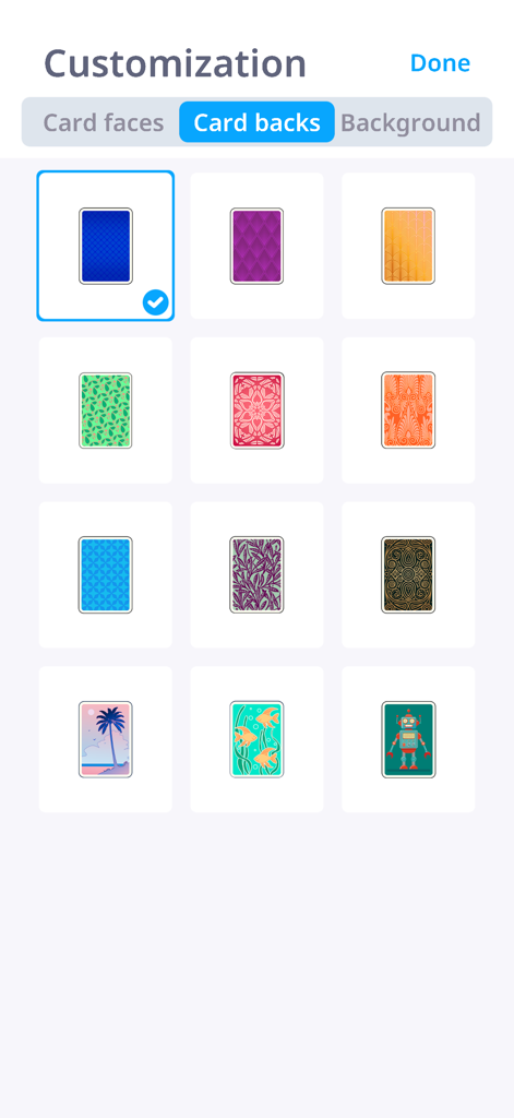 Customization screen showing a grid of different card back designs for the Solitaire game
