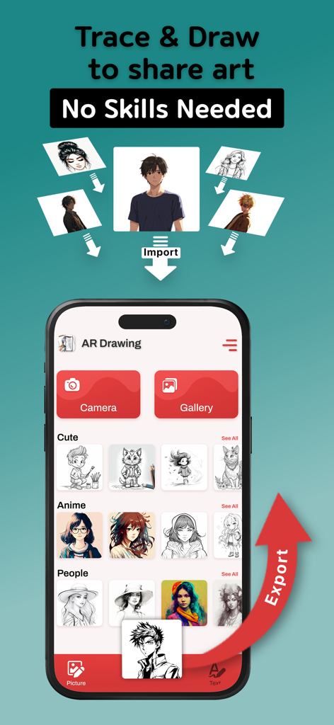 AR Drawing-Draw & Sketch in AR - AR Drawing app interface showing anime and cute sketch templates for tracing and sharing art