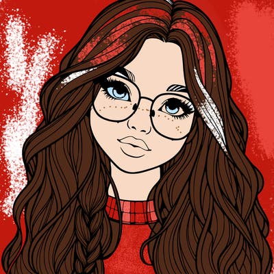 girl with long hair and freckles and glasses realistic