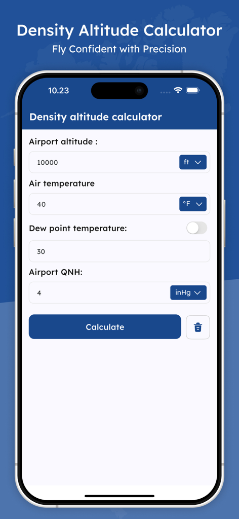 Density Altitude Calculators - Density Altitude Calculator app showing airport altitude and temperature input fields