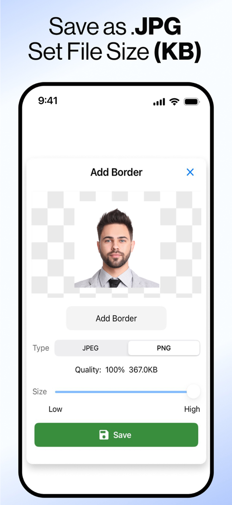 Interface for saving passport photos with options to choose JPEG or PNG format and adjust file size and quality.