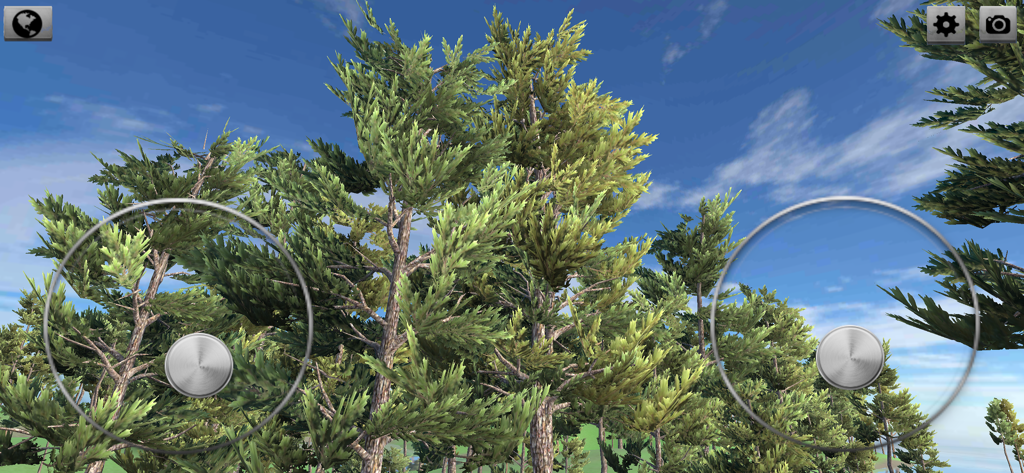 First person view of a drone flying through a dense pine forest with on screen joystick controls