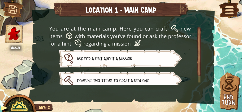 Screenshot of the Toriki board game companion app at the main camp location showing crafting and mission hint options