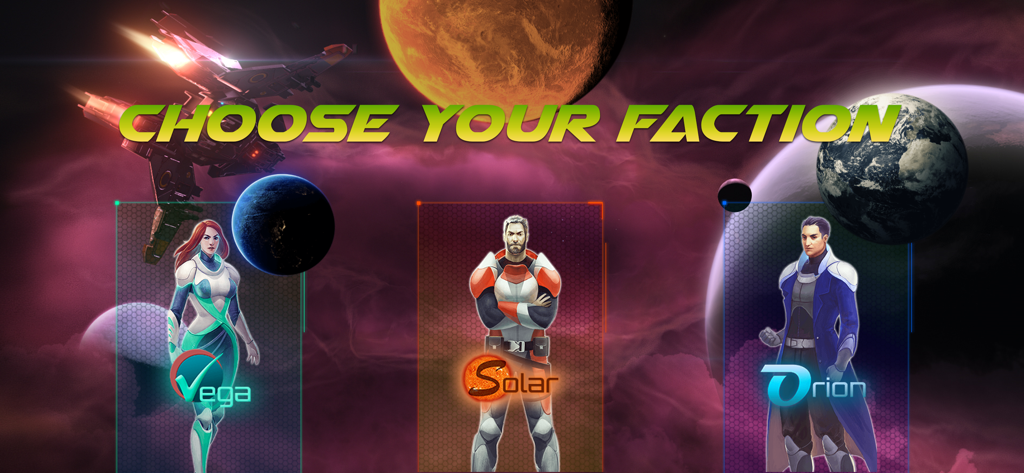 WarUniverse - WarUniverse faction selection screen showing three unique characters for the Vega Solar and Orion factions in a space setting