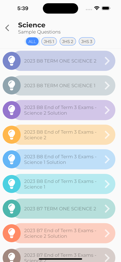 Syllabus GH - Pasco/Books/Quiz - Syllabus GH app interface displaying science sample questions and exam solutions for Ghanaian students
