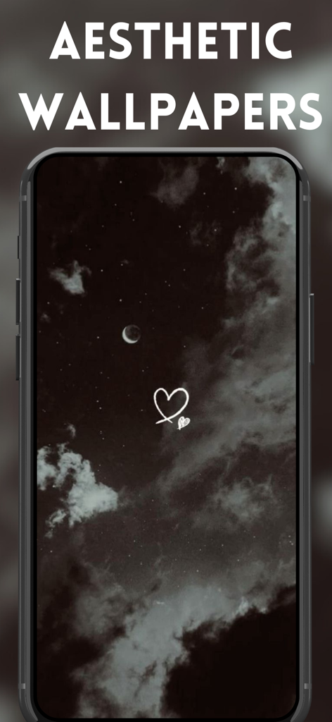 Aesthetic Live Wallpapers - Um papel de parede estético escuro apresentando um céu noturno com uma lua crescente e um pequeno ícone de coração exibido na tela de um smartphone