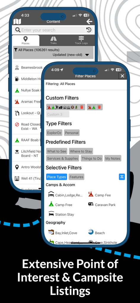 ExplorOz Traveller - ExplorOz Traveller app interface showing categories for filtering campsites and points of interest